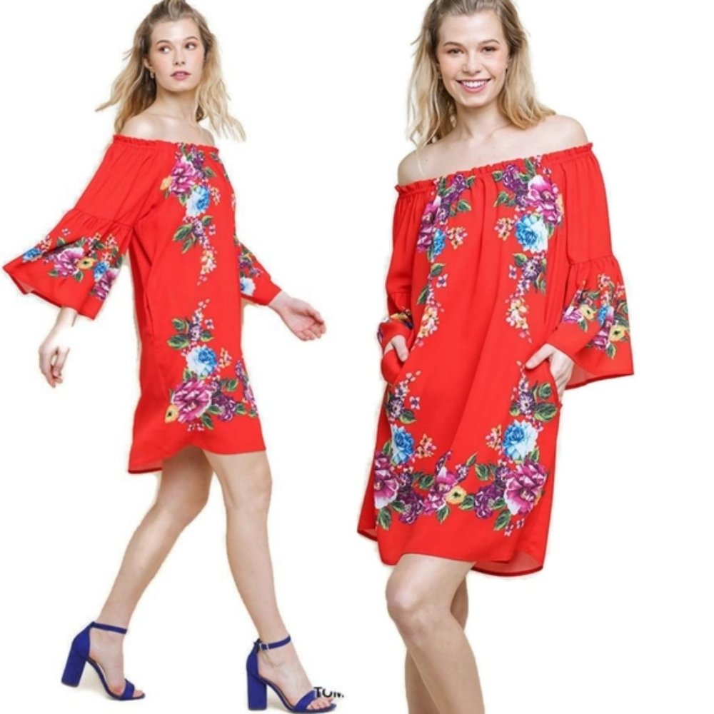 Umgee Off the Shoulder POCKET Red Floral Bell Sleeve Shift Dress EUC sz M